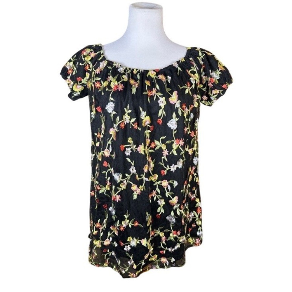 Kimchi Blue Womens Black Floral Embroidered Mesh Off Shoulder Blouse Medium